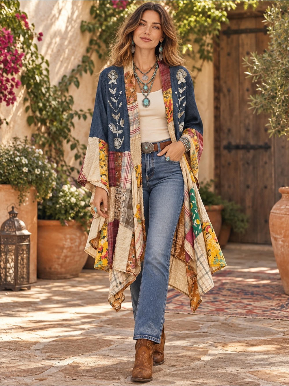 H255 Nwt Young Threads L ptp21 Boho Patchwork Denim Kimono Jacket - Multicolor